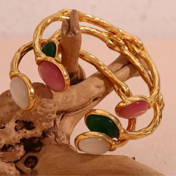 Anthropologie Green Agate 18K Gold Stainless Steel Waterproof Cuff Bracelet - Picture 11 of 12